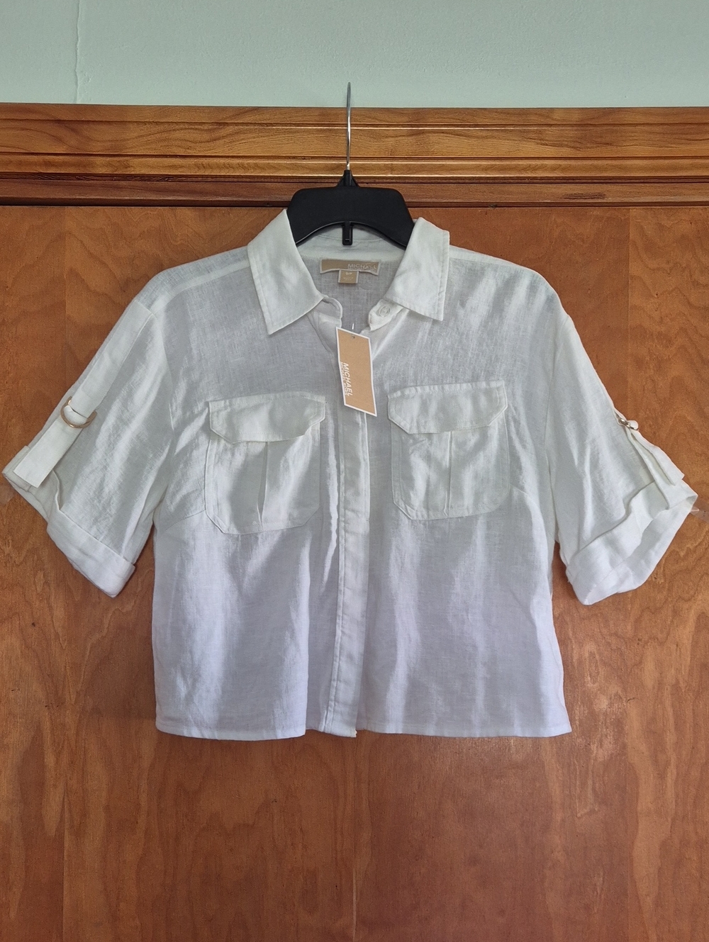 MICHAEL Michael Kors Cropped White Linen Blend Button-Front Shirt, size S